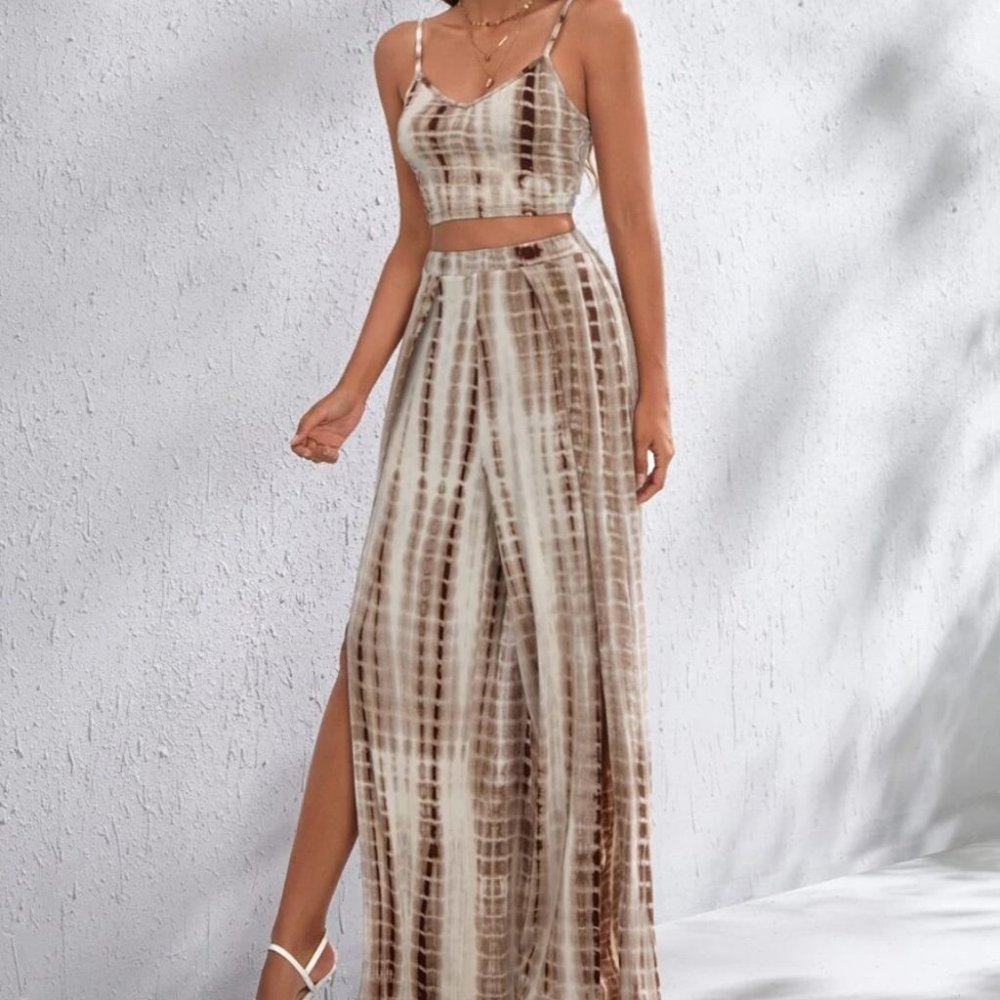 Crop Cami Top & Wrap Split Thigh Palazzo Pants coord Set Tie Dye - Picture 5 of 6